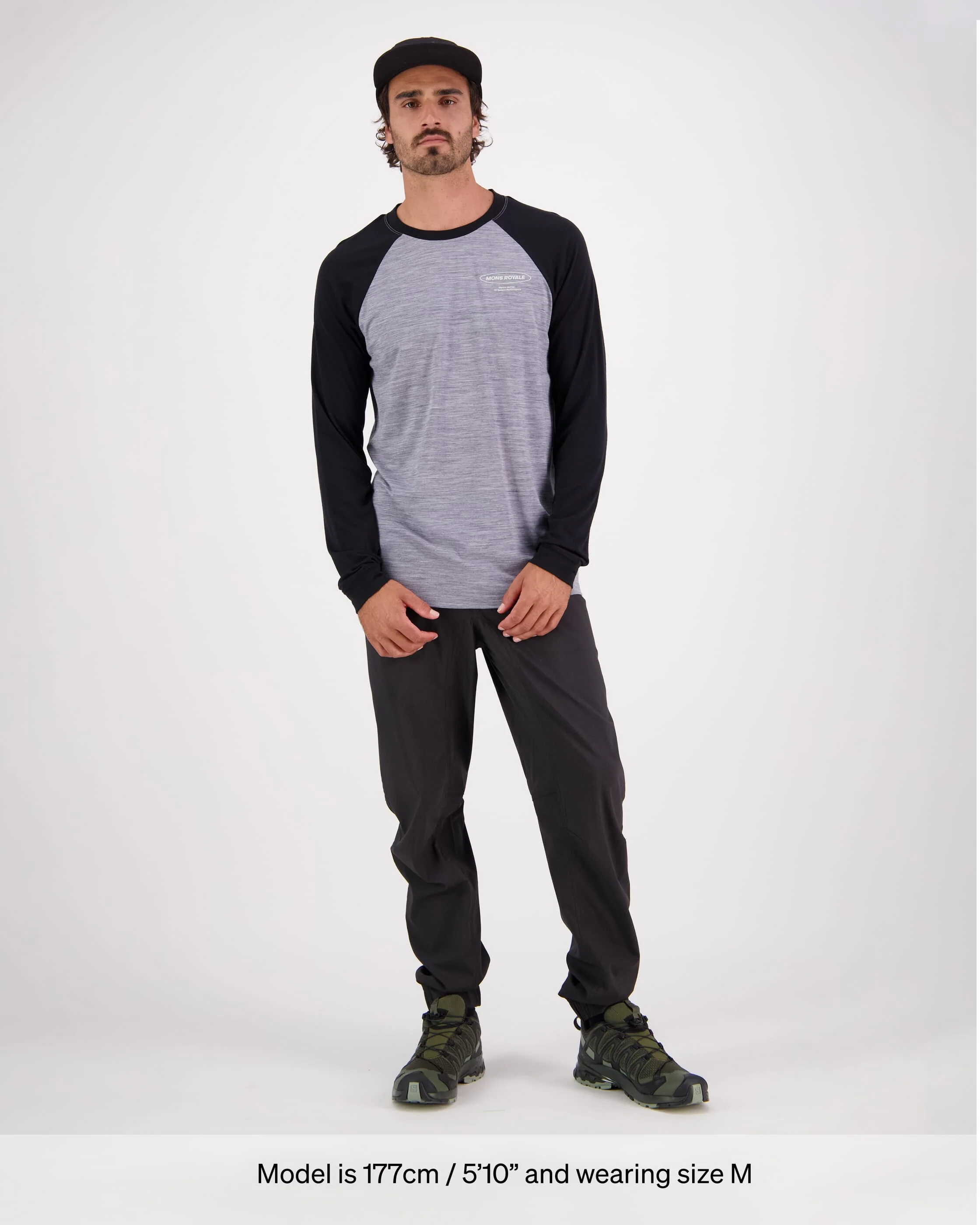 Icon Merino Raglan Long Sleeve - Grey Heather / Black | Men's Long Sleeve Top - Image 3